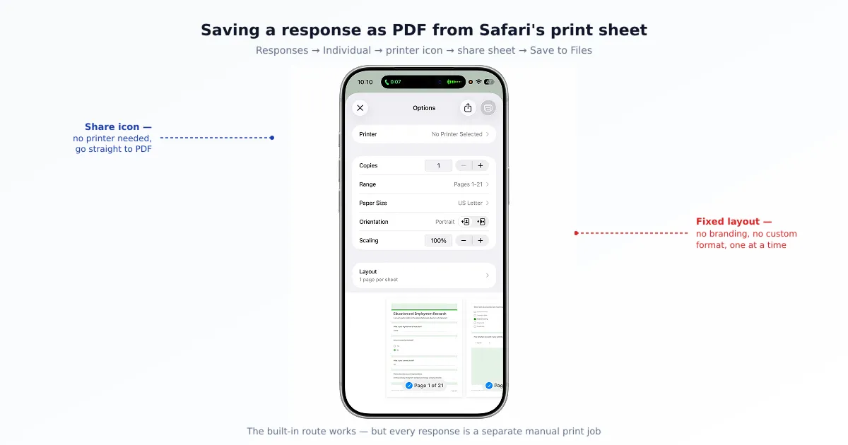 iPhone Safari print preview saving a Google Form response as a PDF