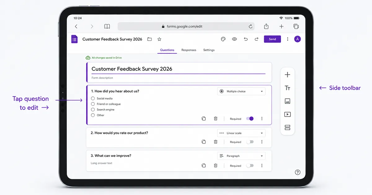 Editing a Google Form in Safari on an iPad with the side toolbar visible