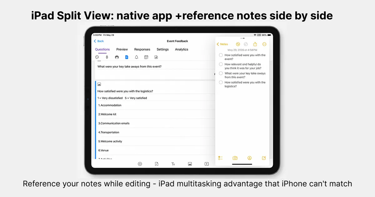 Editing a Google Form in the Forms for Google Drive app on iPad in Split View