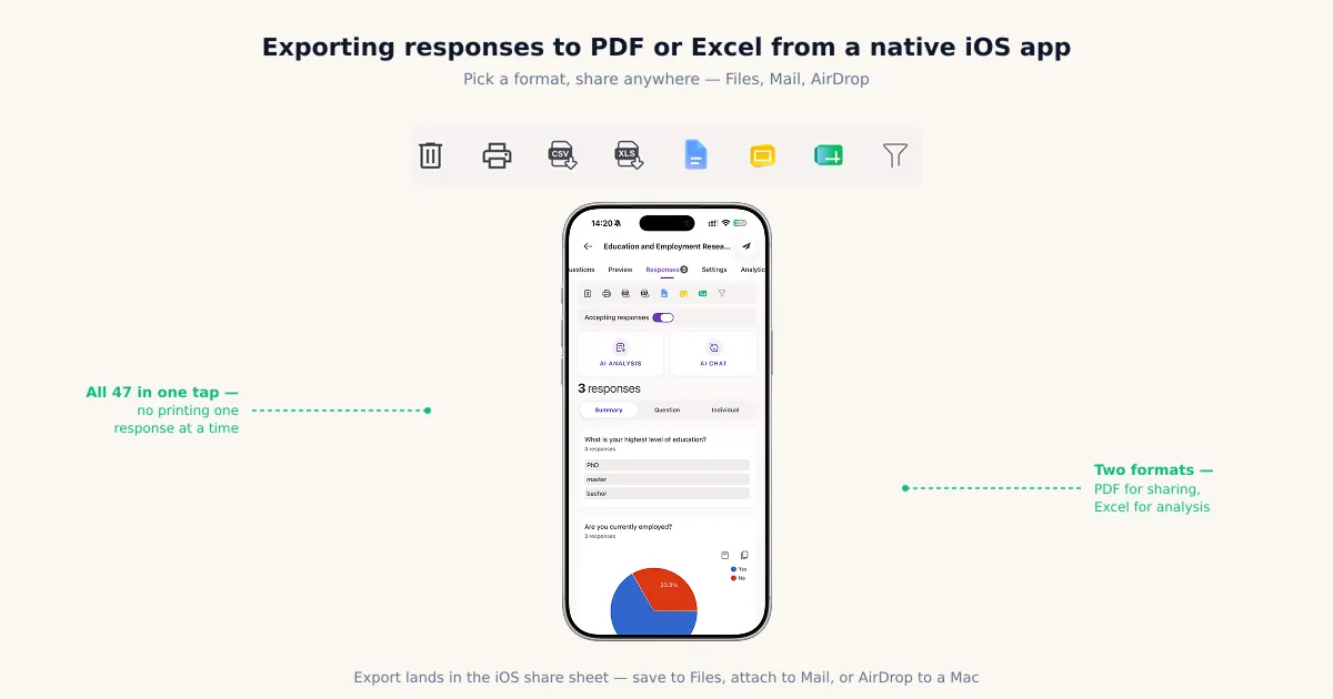 Forms for Google Drive iOS app exporting Google Form responses to PDF and Excel