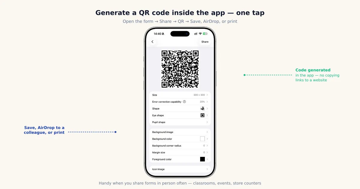 Forms for Google Drive iOS app generating a shareable QR code for a Google Form