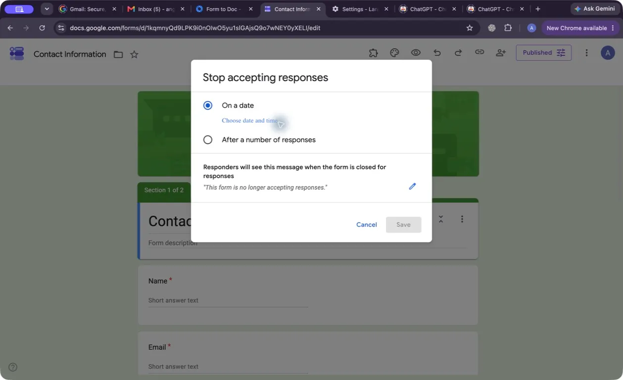 Google-Forms-Veröffentlichungseinstellungen mit Datum und Antwortlimit