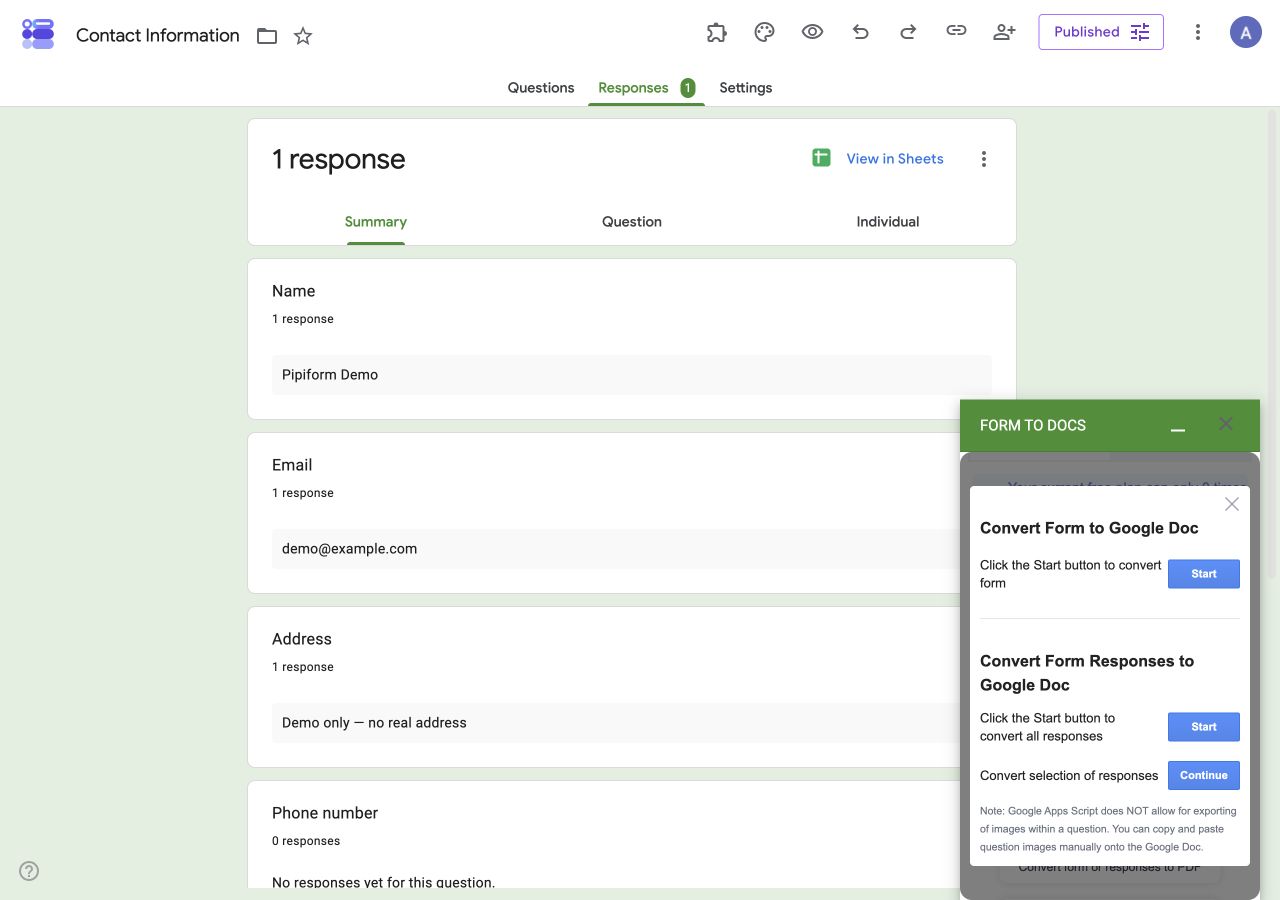 Form to Docs panel showing separate Start buttons for exporting the form and exporting responses.