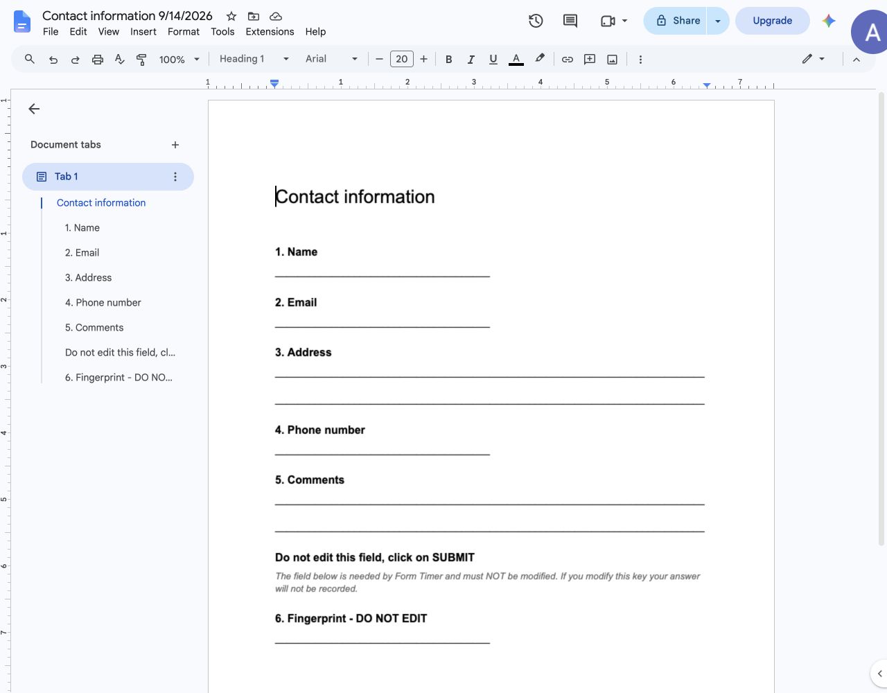 Actual Google Doc produced from the test form