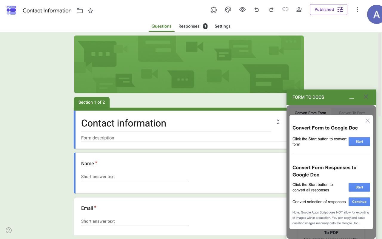 Form to Doc in the desktop Google Forms editor