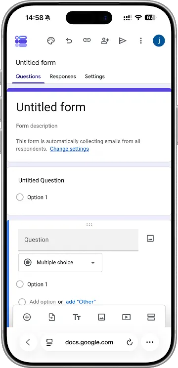 Originalaufnahme des Google-Forms-Editors im mobilen Browser