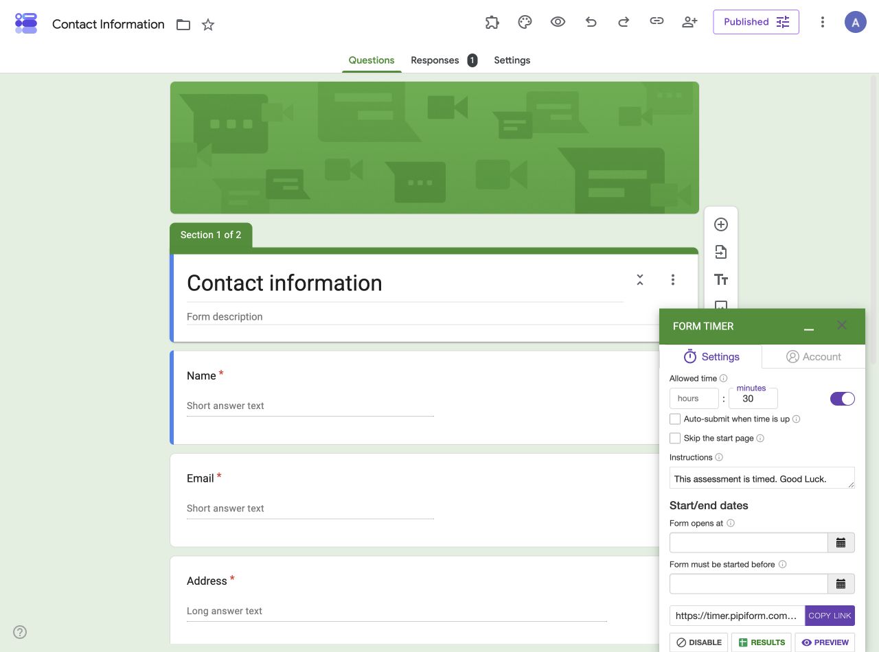 Form Timer in the desktop Google Forms editor