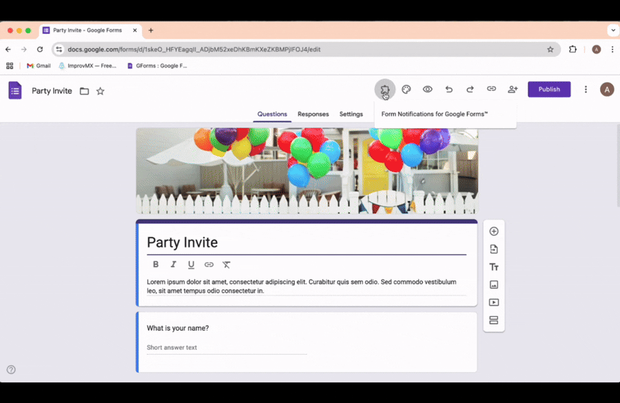 Email Notifications for Google Forms - Selection process from the Google Forms add-ons menu