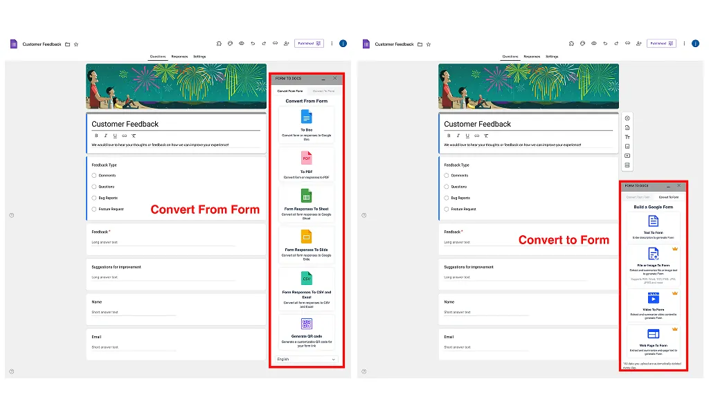 Google Forms to Docs Converter - Interfaccia di conversione bidirezionale con funzionalità IA