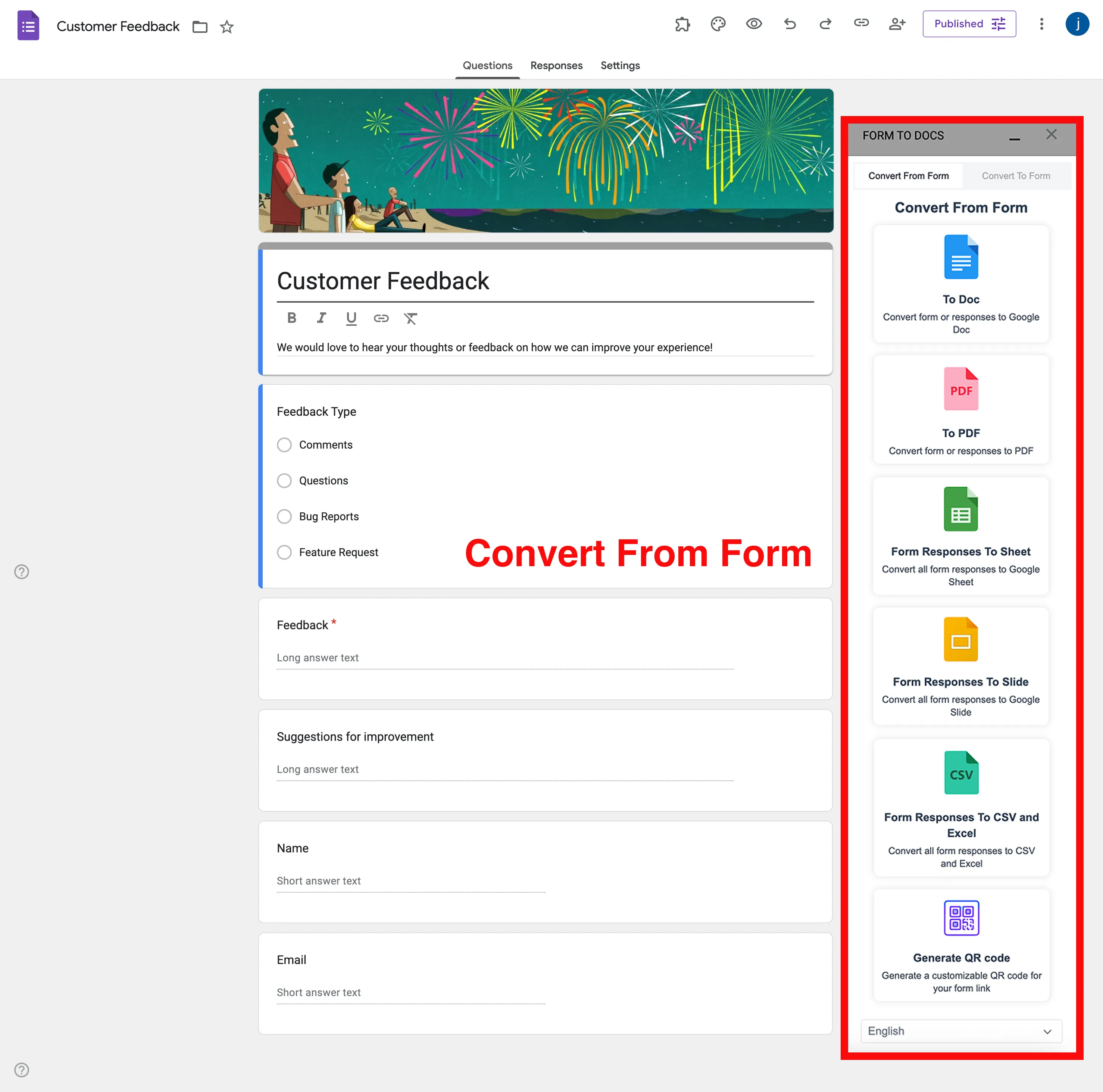 Google Forms to Docs Converter - Opzioni di esportazione e interfaccia di conversione