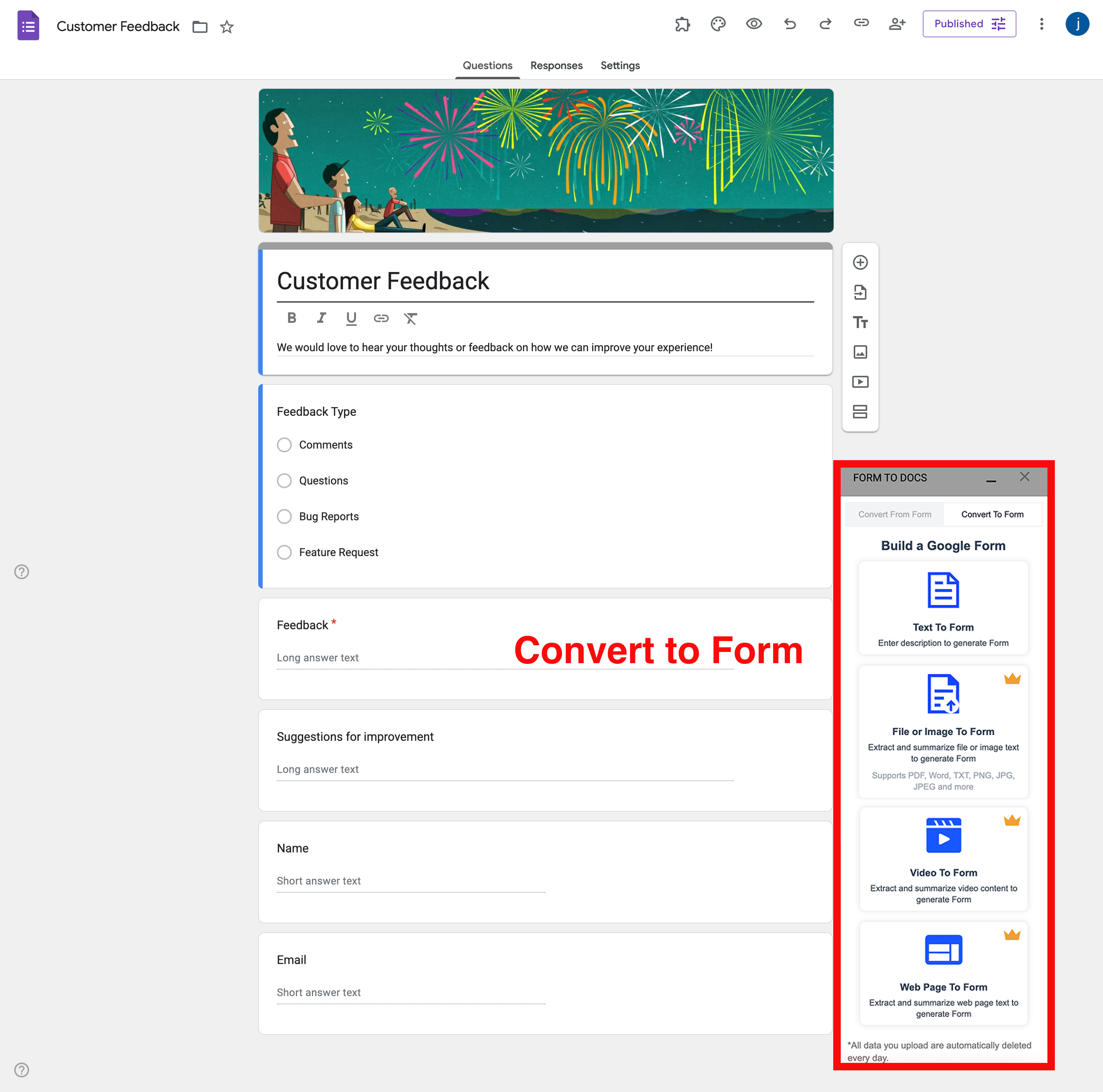 Google Forms to Doc - AI-powered form creation interface