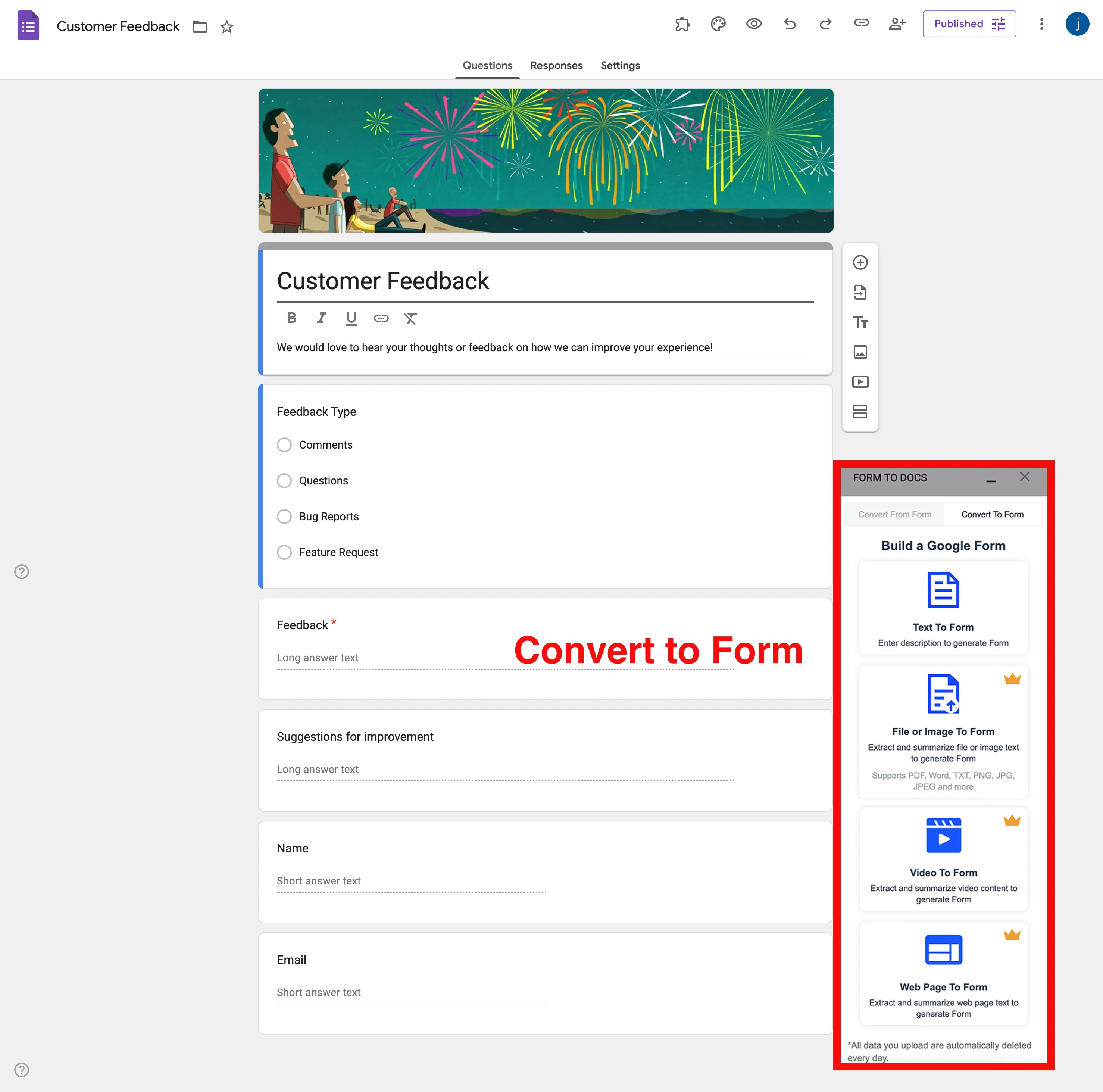 Google Forms to Docs Converter - Interfaccia di creazione moduli basata su IA