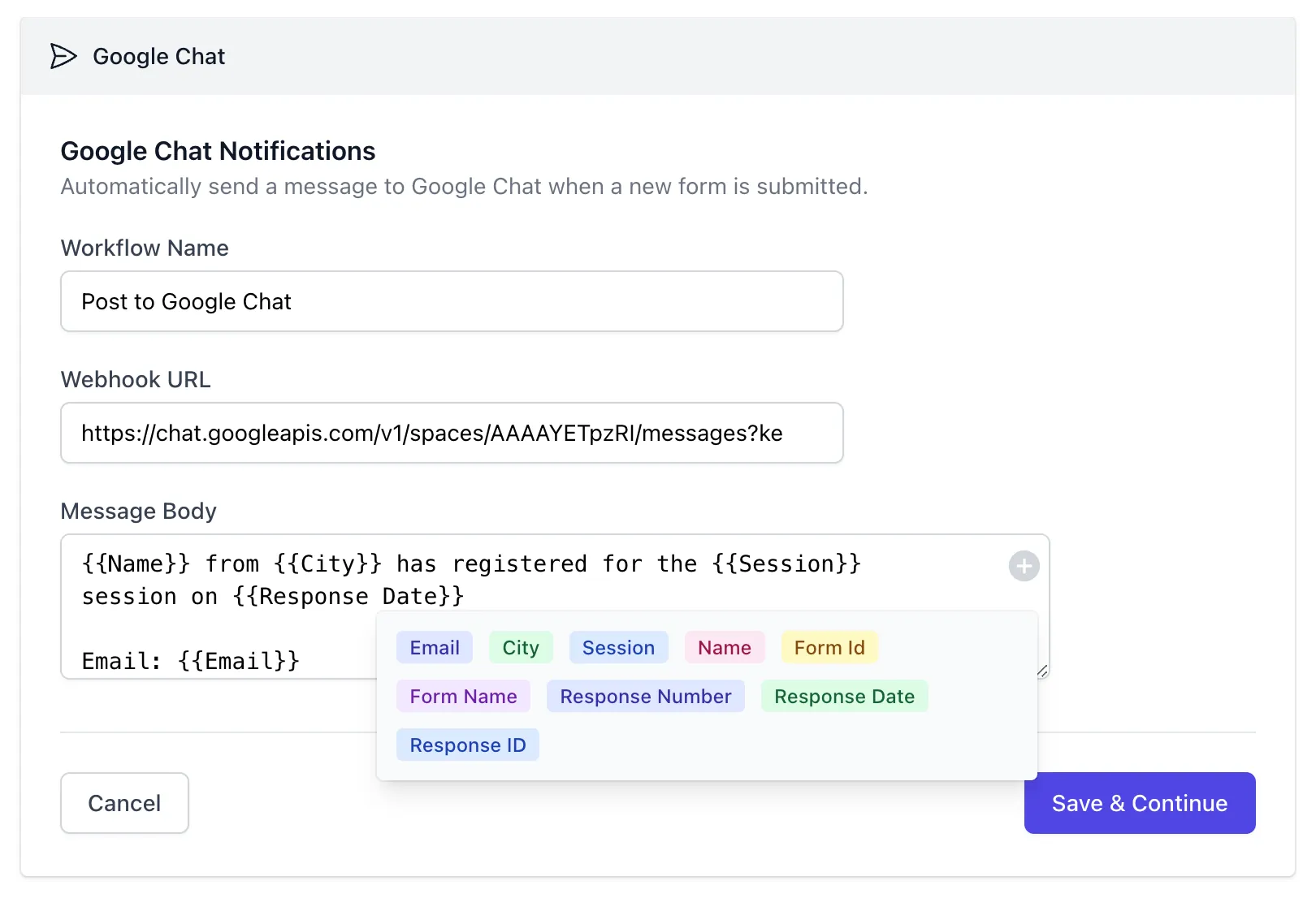 Conectar Google Chat con Formulario