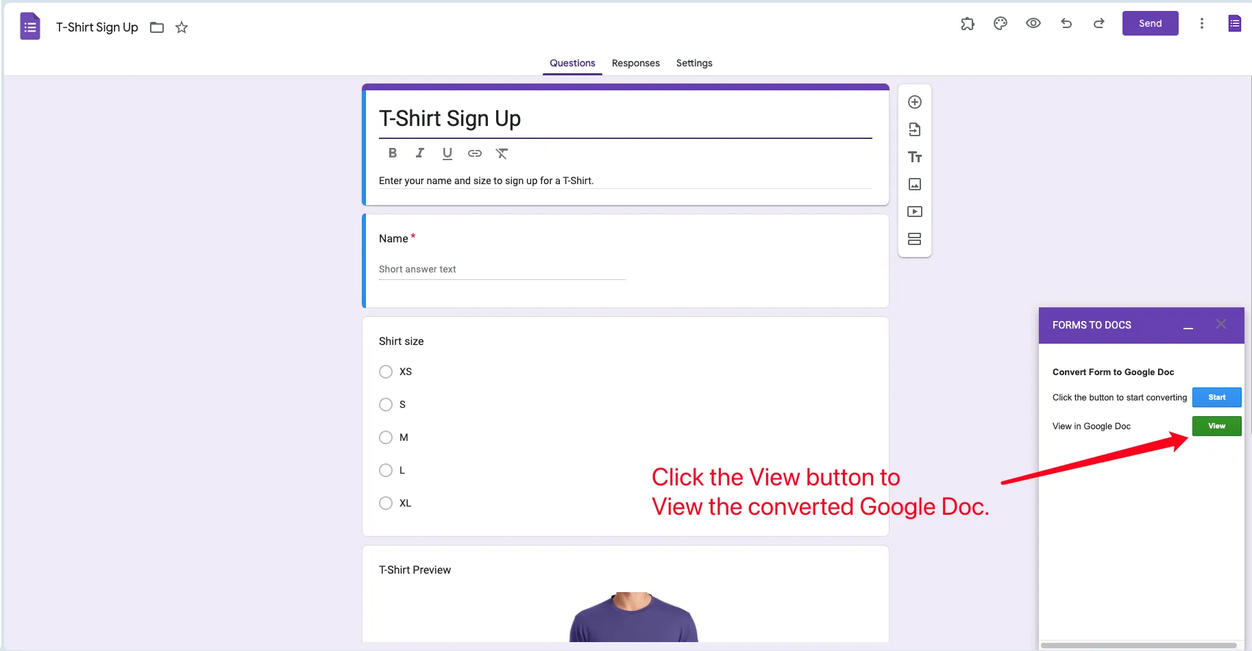 Google Forms a Doc - Anteprima del documento Google Docs convertito con pulsante di visualizzazione