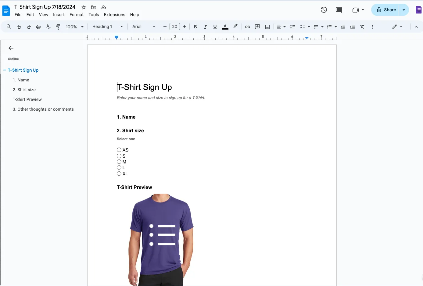 Google Forms a Doc - Documento Google Docs modificabile finale che mostra il contenuto del modulo convertito