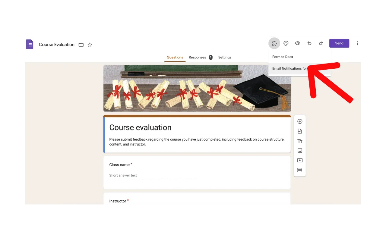 Email Notifications for Google Forms - Selezione dal menu componenti aggiuntivi di Google Forms
