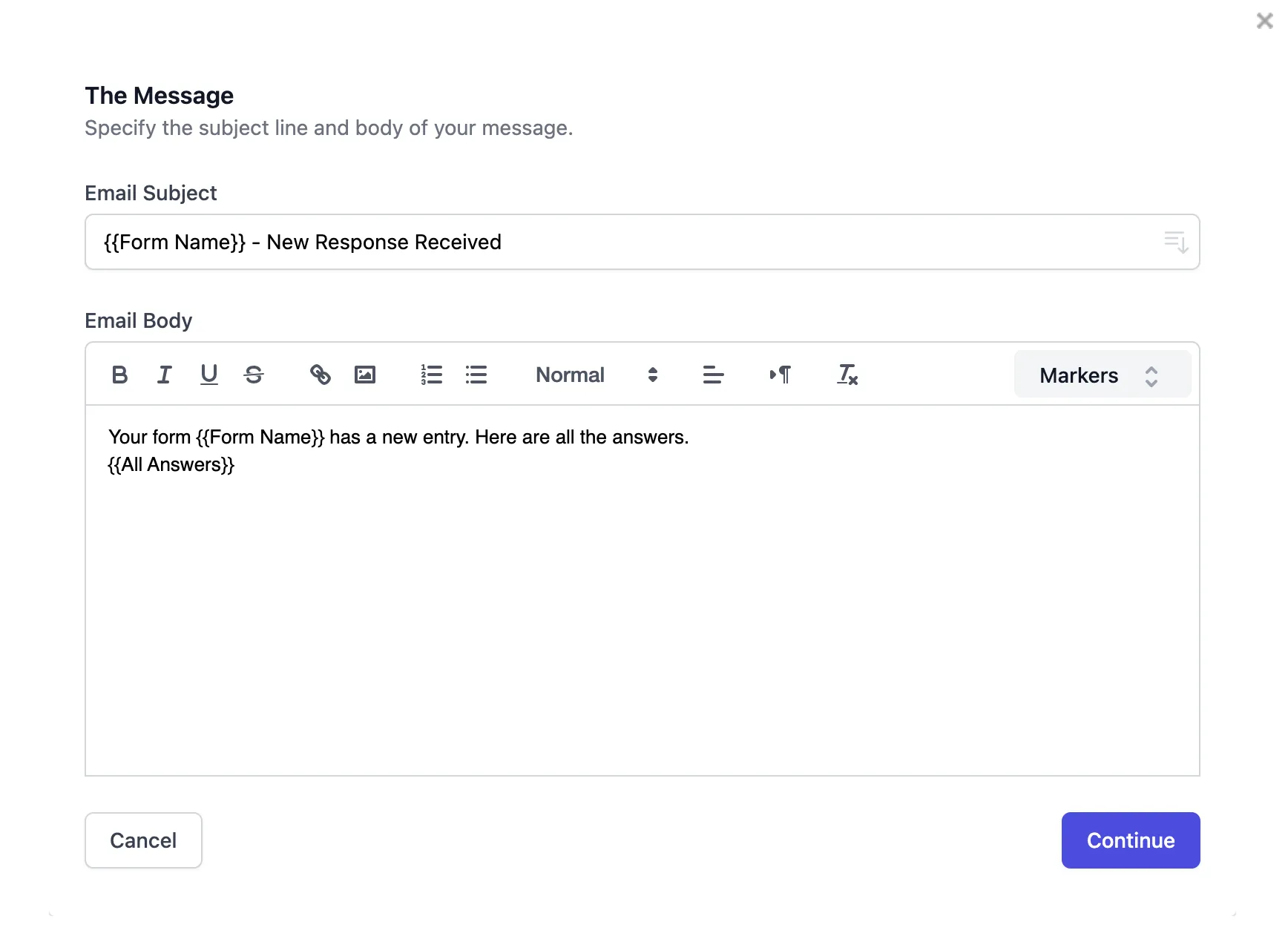 Email Notifications for Google Forms - Schermata di personalizzazione dei modelli email con inserimento campi