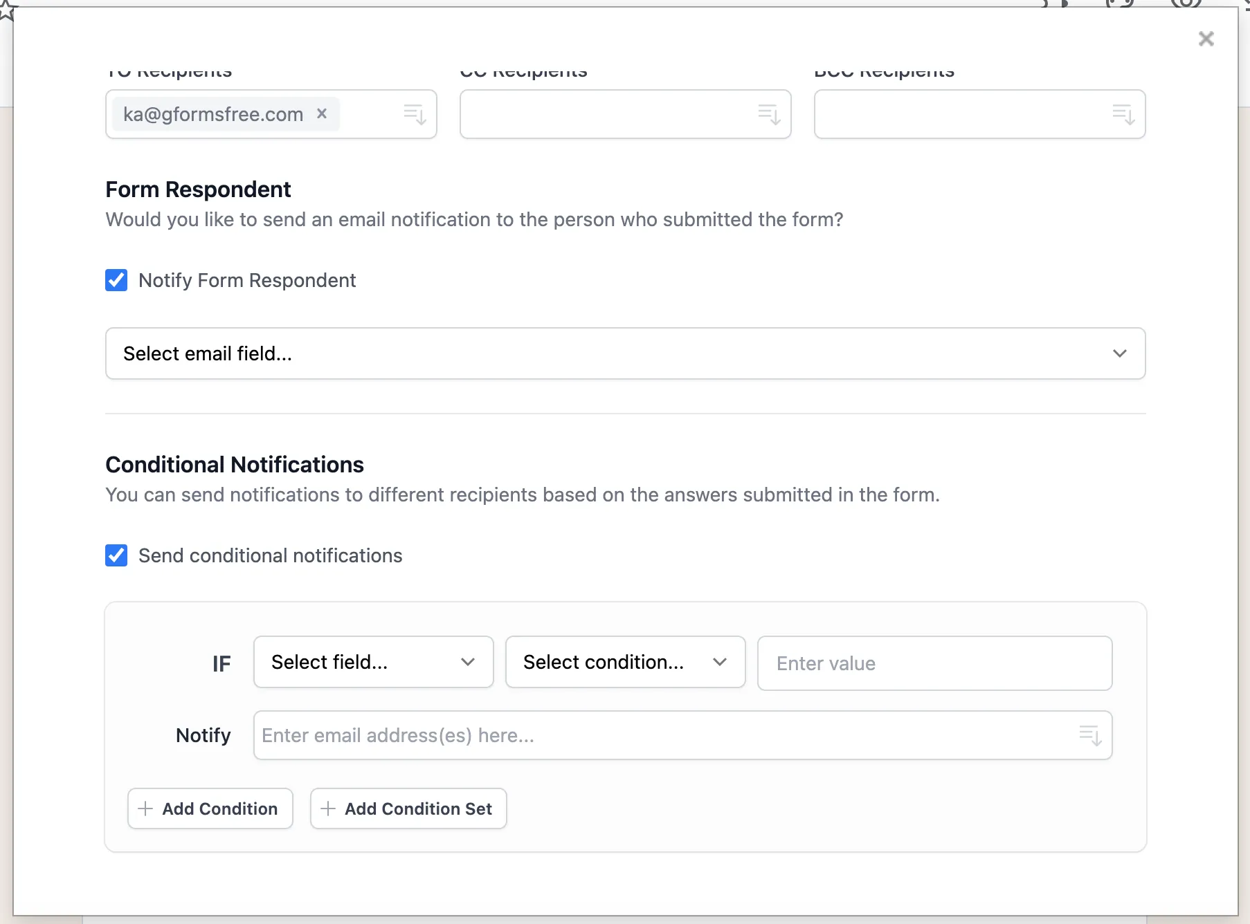 Email Notifications for Google Forms - Pannello di regole e condizioni di notifica