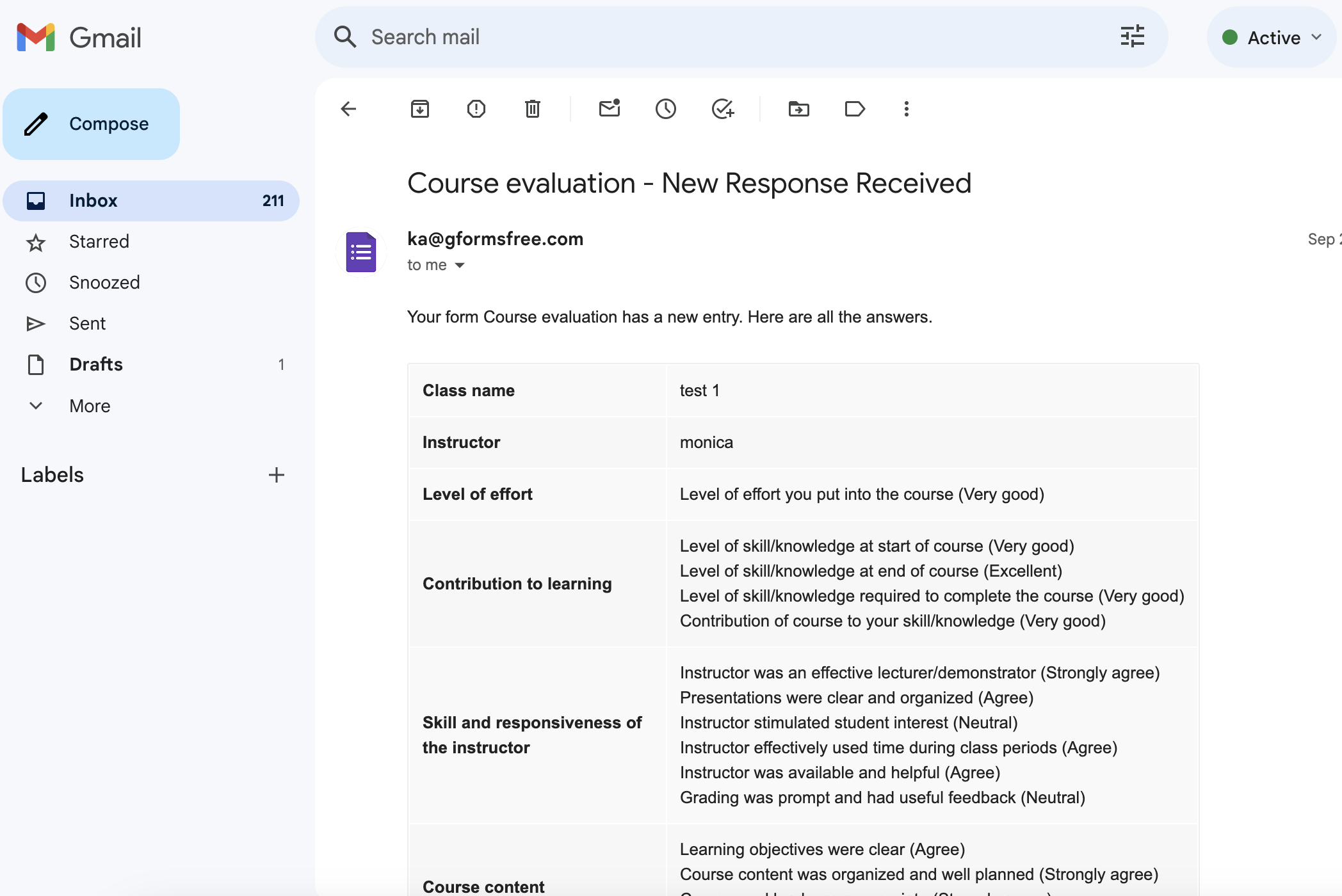 Google Forms Email Notification - Form response display in Gmail with elegant formatting