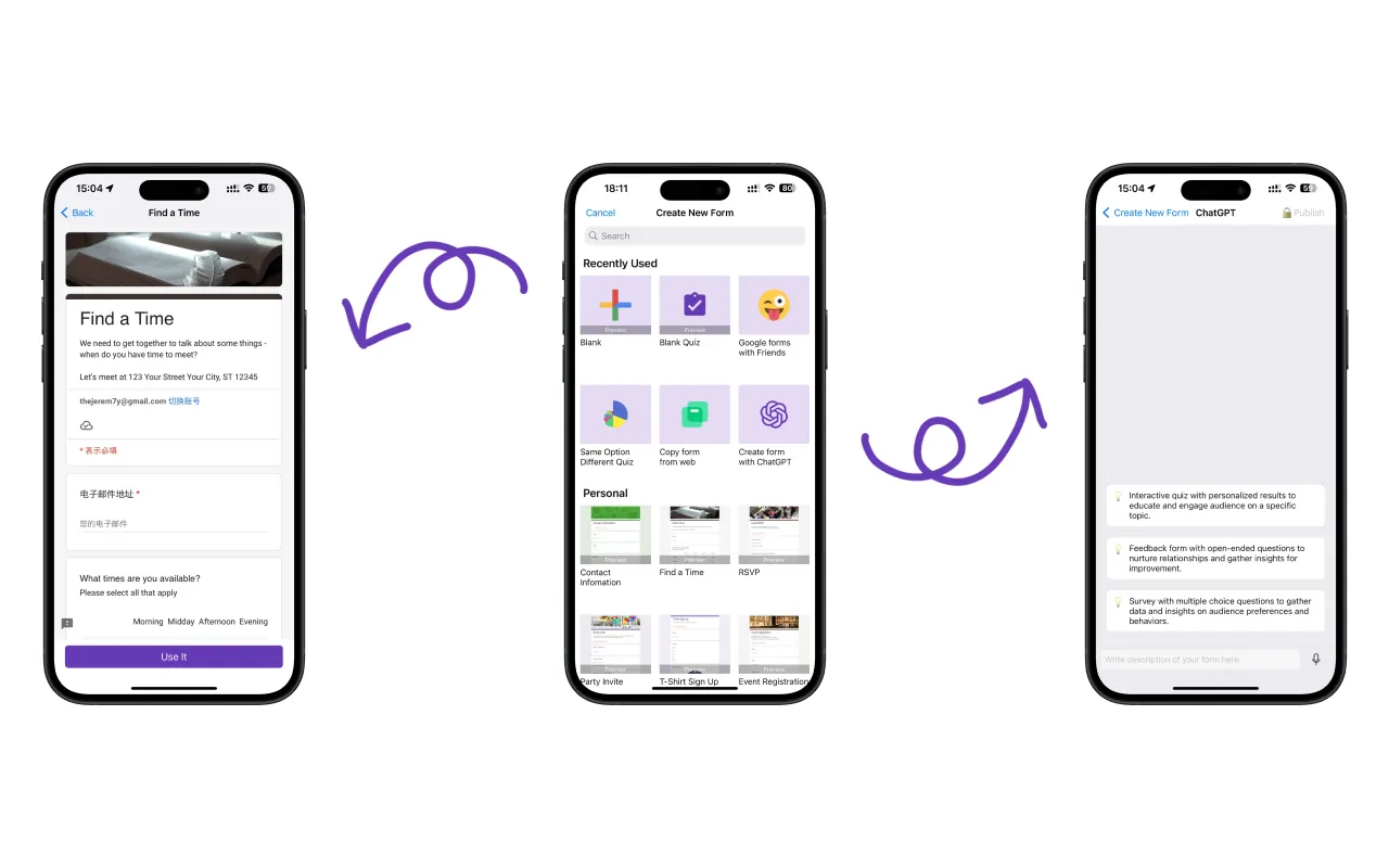 iOS App for Google Forms - टेम्प्लेट और ChatGPT एकीकरण के साथ आसान फ़ॉर्म निर्माण इंटरफ़ेस