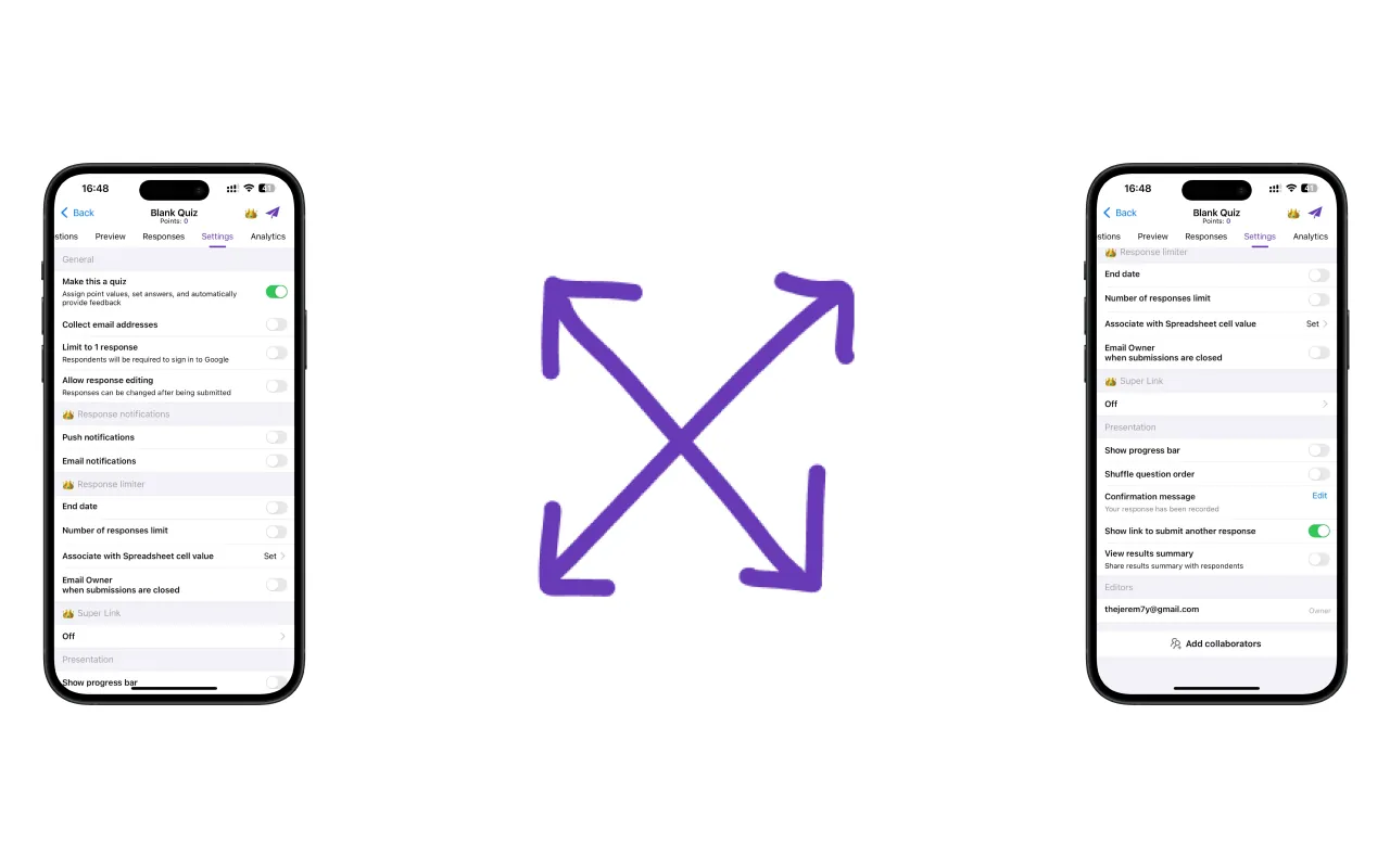 iOS App for Google Forms - उन्नत सीमा सेटिंग: प्रतिक्रिया संख्या, समाप्ति तिथि और प्रदर्शन विकल्प