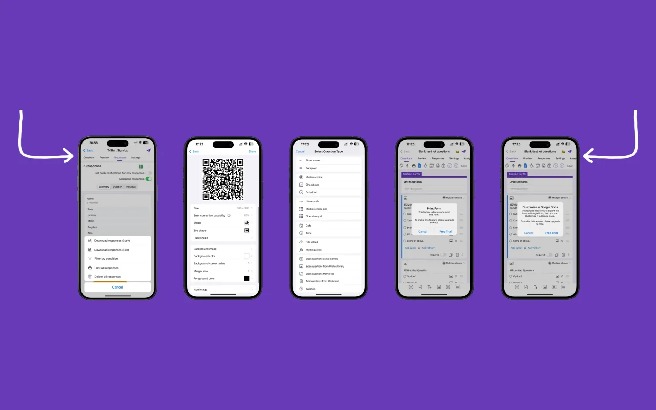 iOS App for Google Forms - Google Docs, Sheets में निर्यात और QR कोड निर्माण के साथ डेटा विश्लेषण टूल