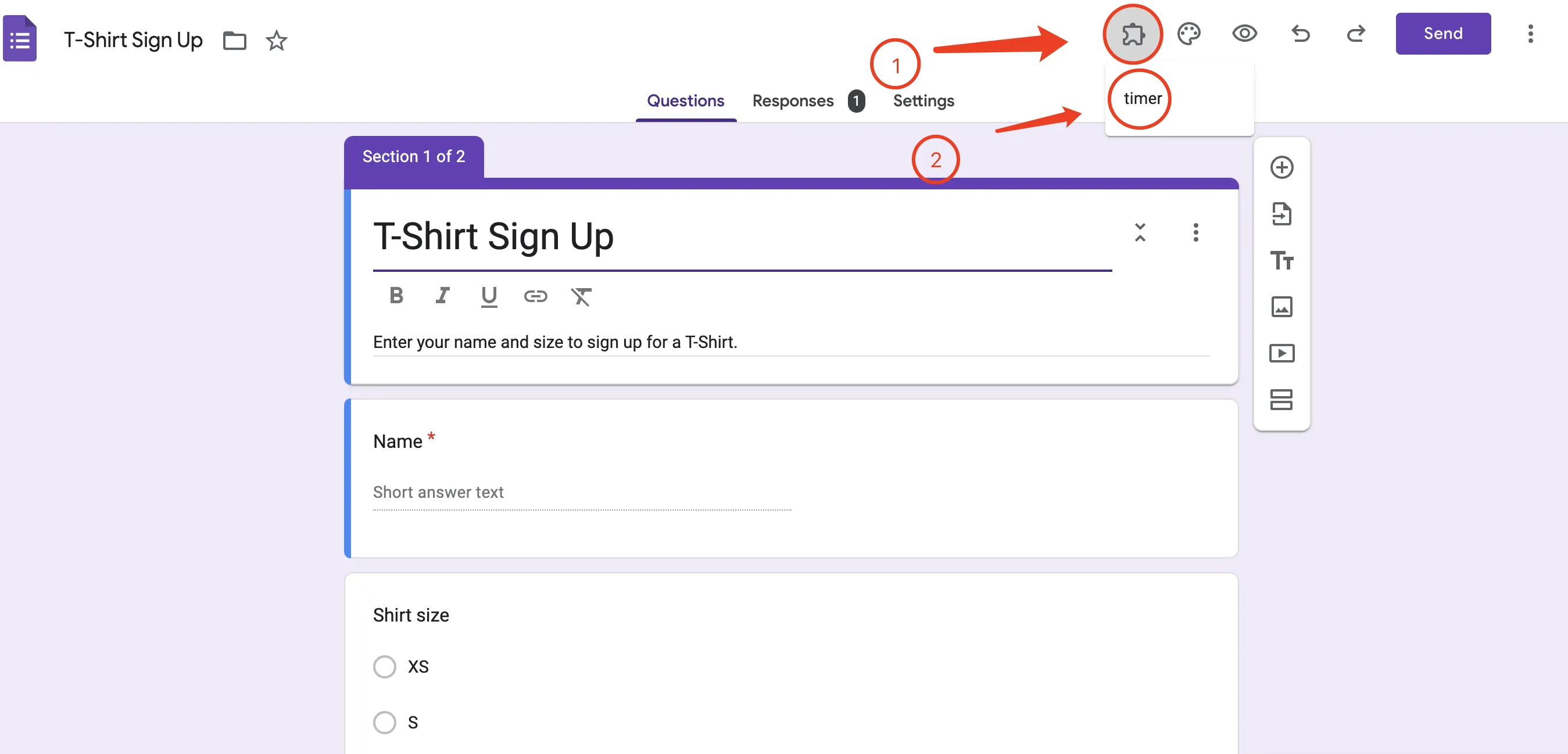 Timer for Google Forms - Installation and activation process from the add-ons menu