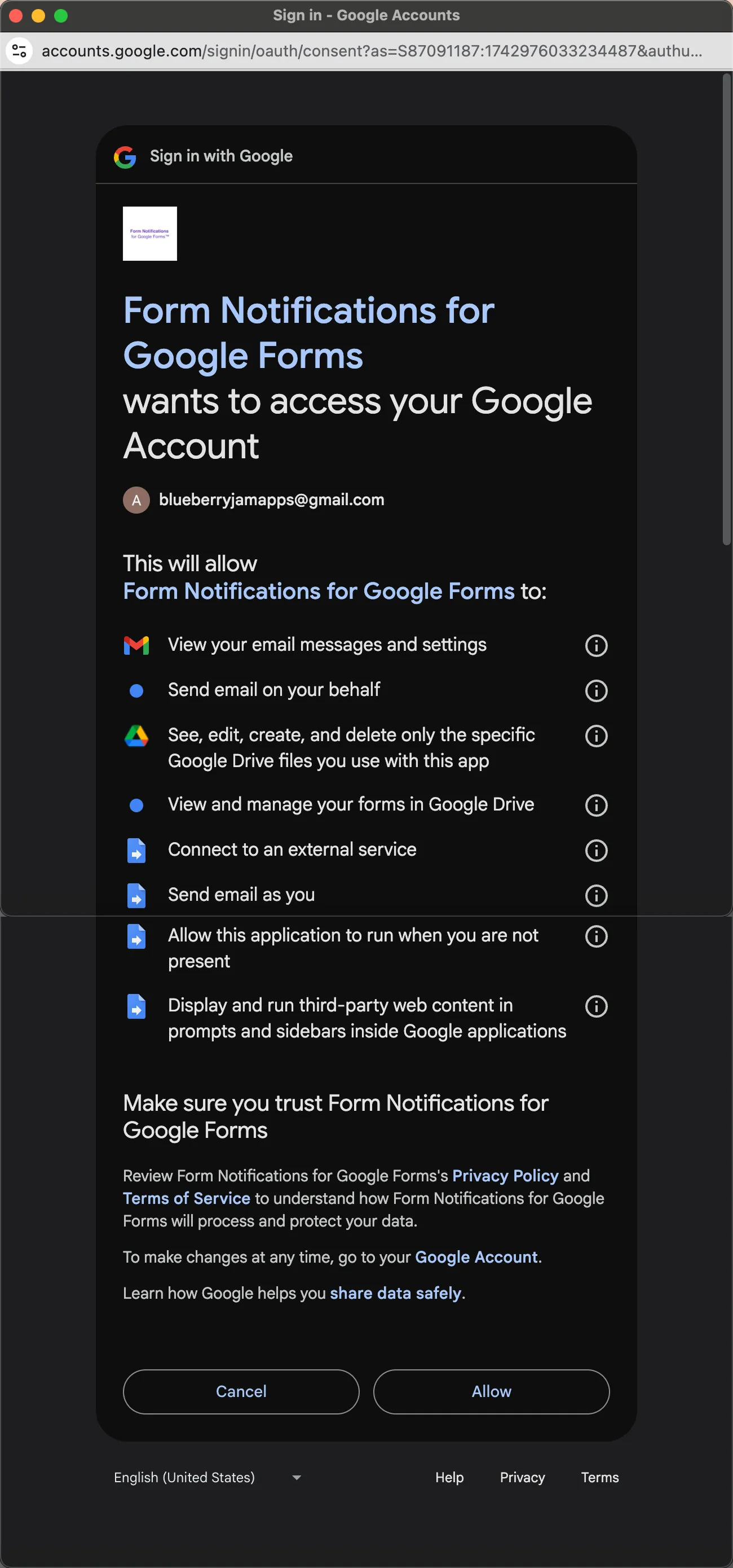 Permissões do Google Forms