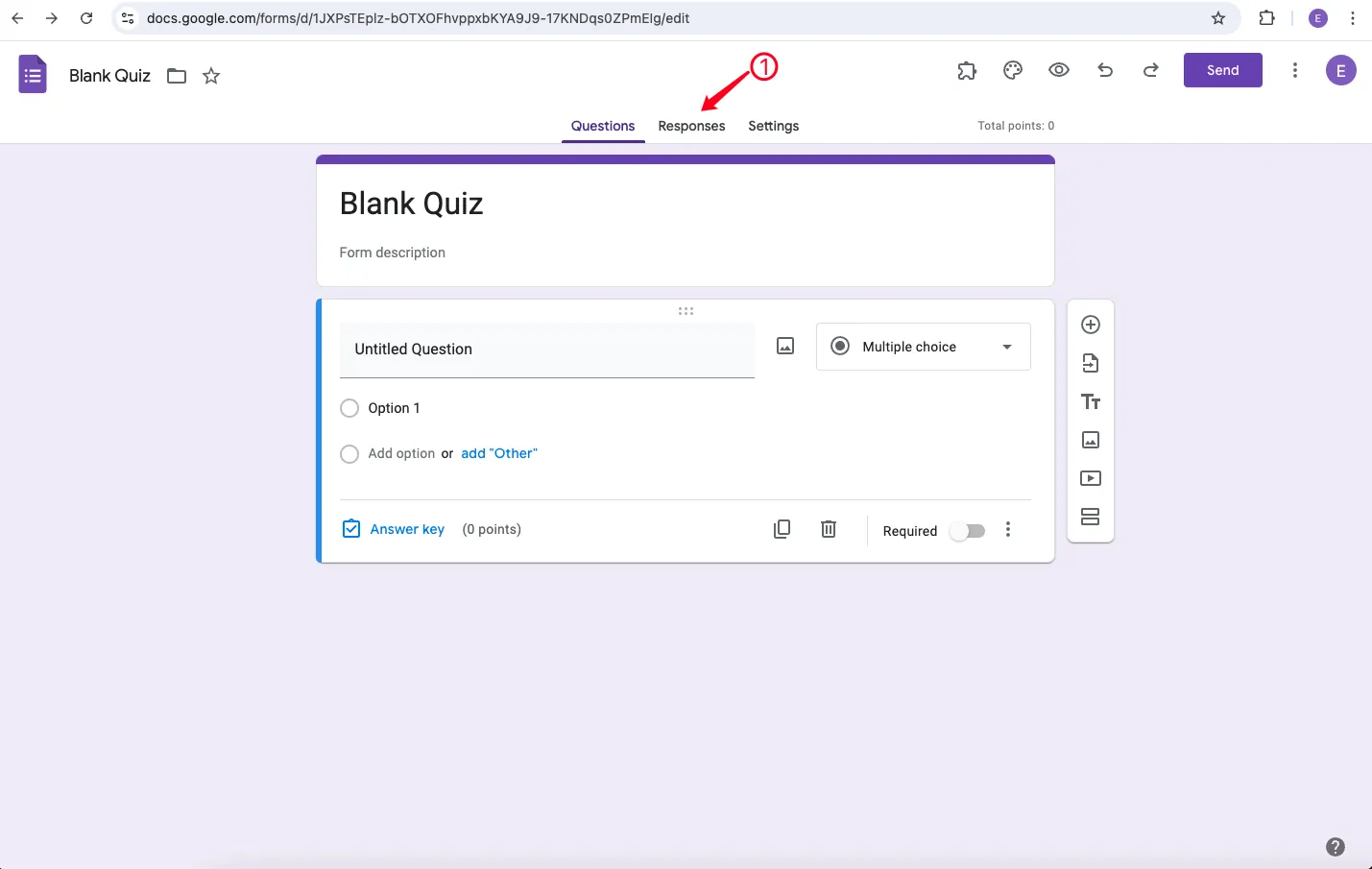 Google Forms editor - opening the Responses tab to manage form answers (step 1)