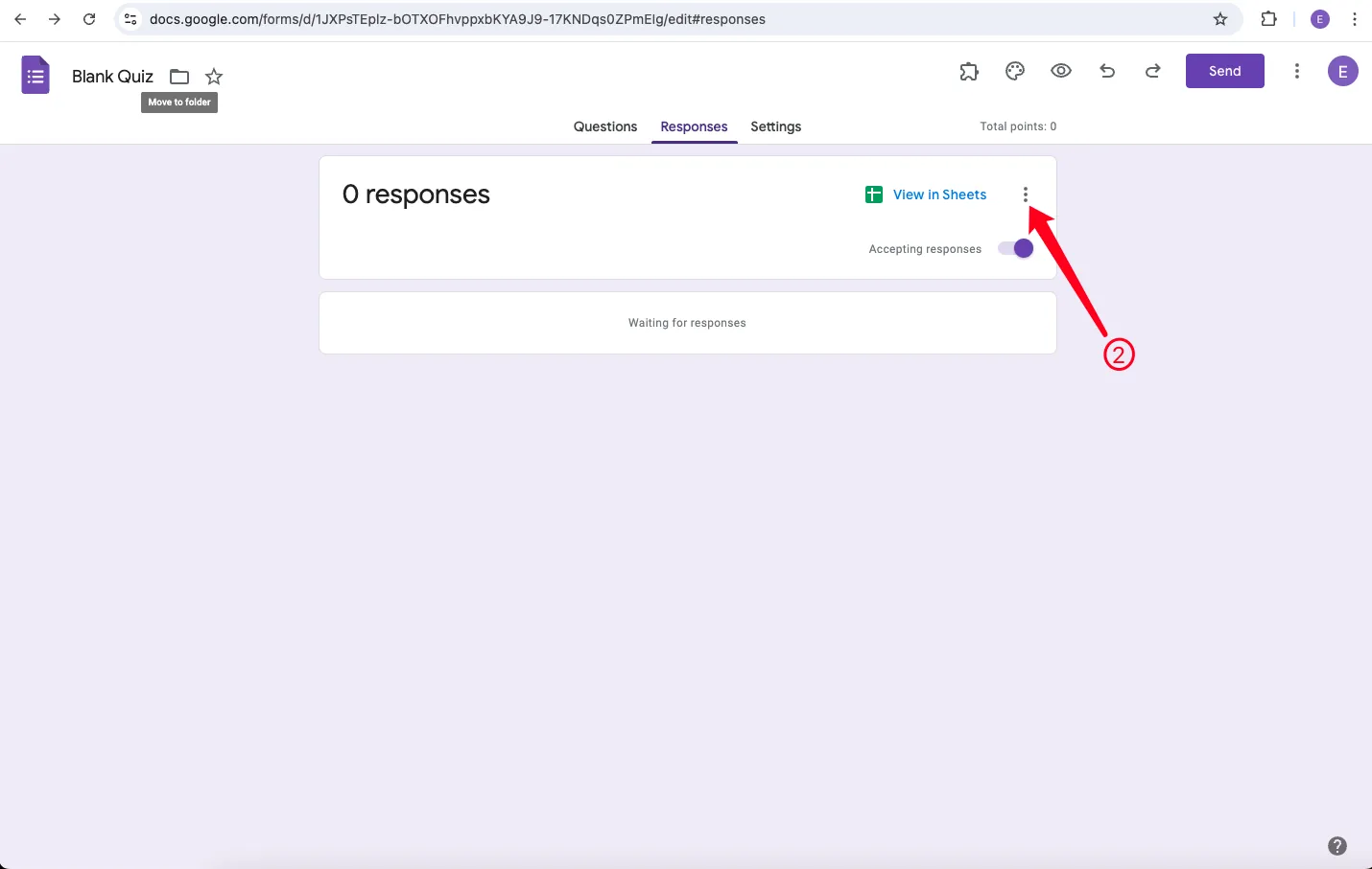 Google Forms Responses tab - opening the response options menu (step 2)