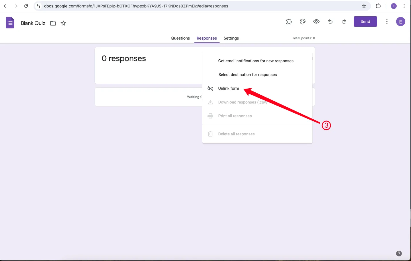 Google Forms Responses menu - selecting Unlink form to disconnect the spreadsheet (step 3)
